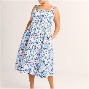 Free Assembly Midi Tea Dress Womens Size L Blue Floral Sleeveless Square Neck